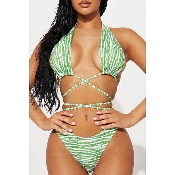 TheFreeYoga Green Criss Cross String Cheeky 2 Piece Bikini Size S RefM022 - Picture 3 of 7